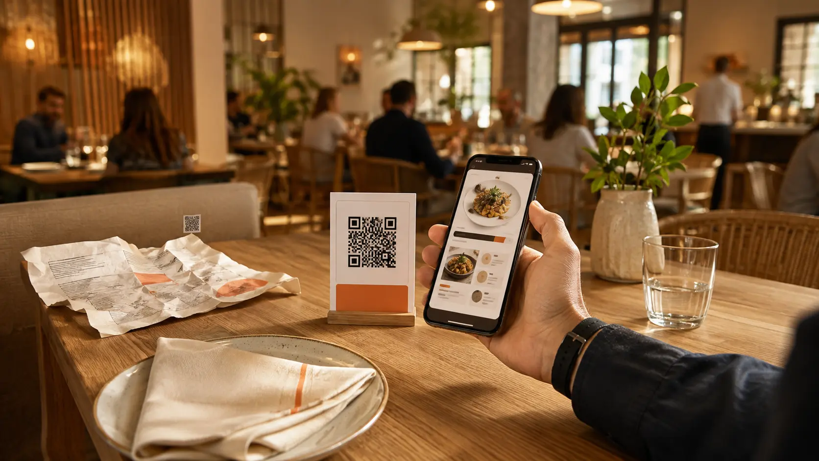 Client consultant un menu QR code sur son smartphone dans un restaurant contemporain