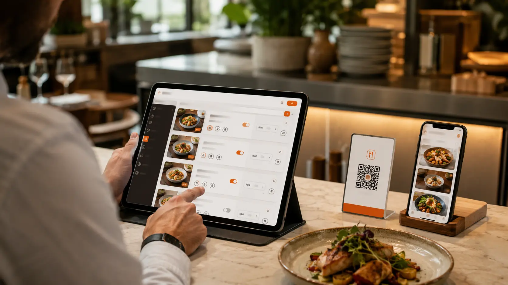 Restaurateur créant son menu QR code sur une tablette avec aperçu mobile et carte digitale