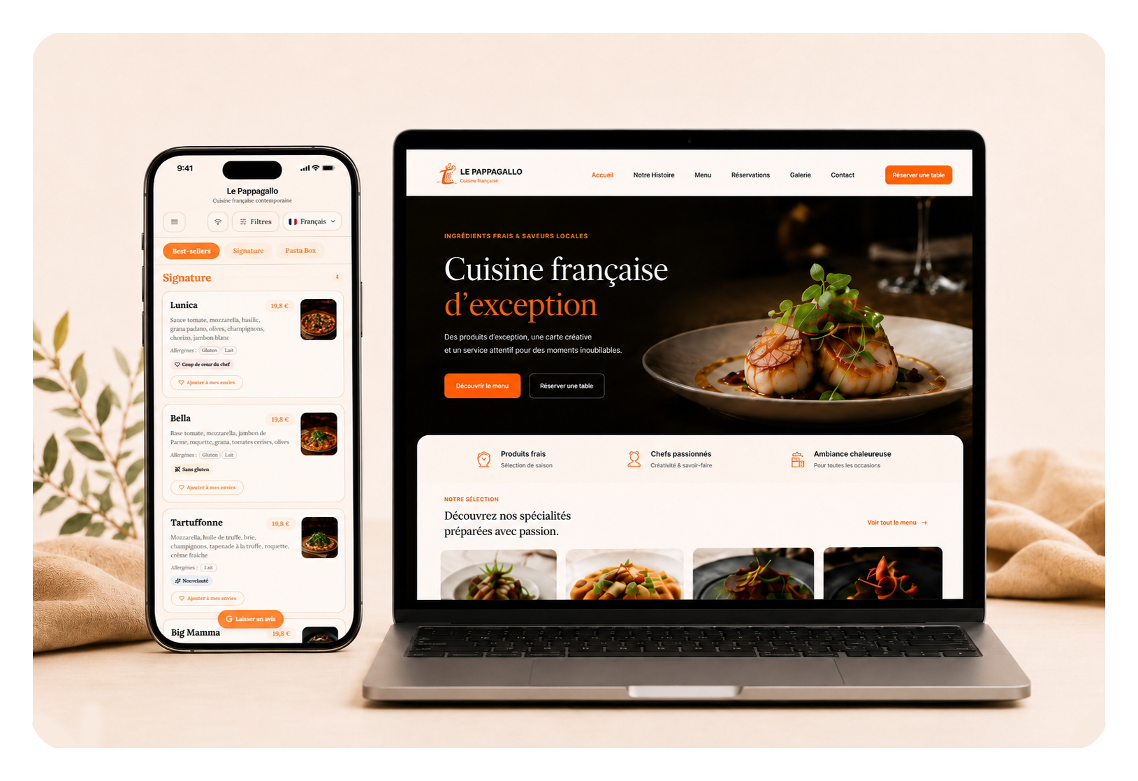 Carte numérique et site web Tabzel du restaurant Le Pappagallo sur téléphone et ordinateur