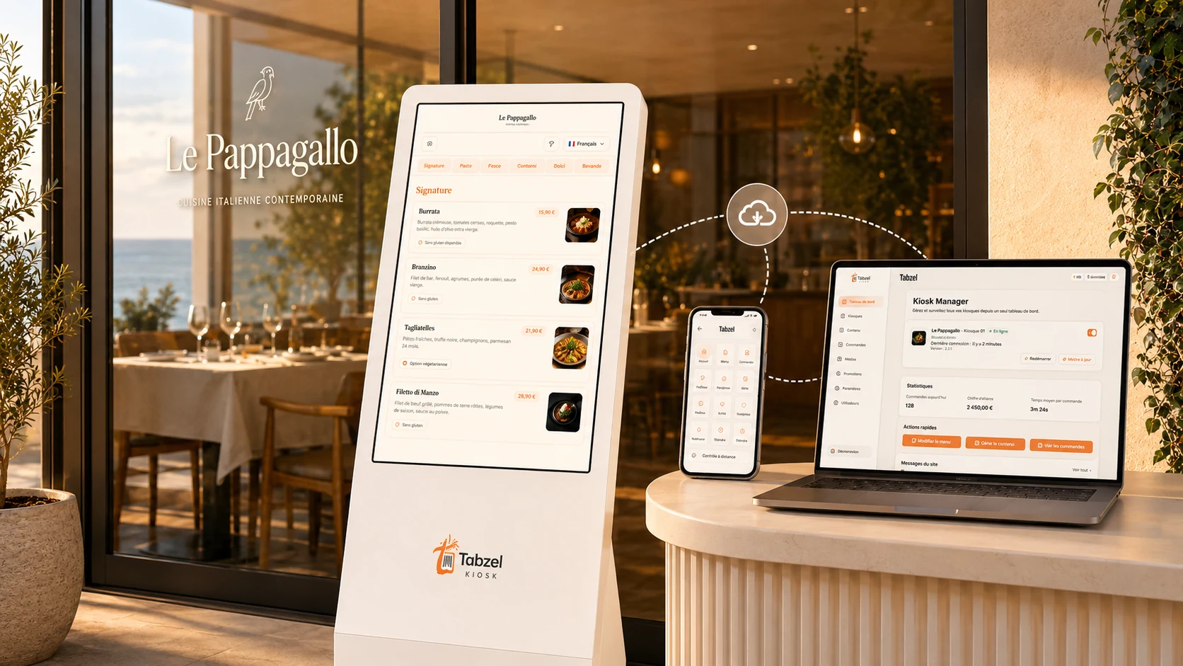 Mise en scène du kiosque Tabzel au restaurant Le Pappagallo avec borne consultable à l’entrée, pilotage sur mobile et tableau de bord sur ordinateur